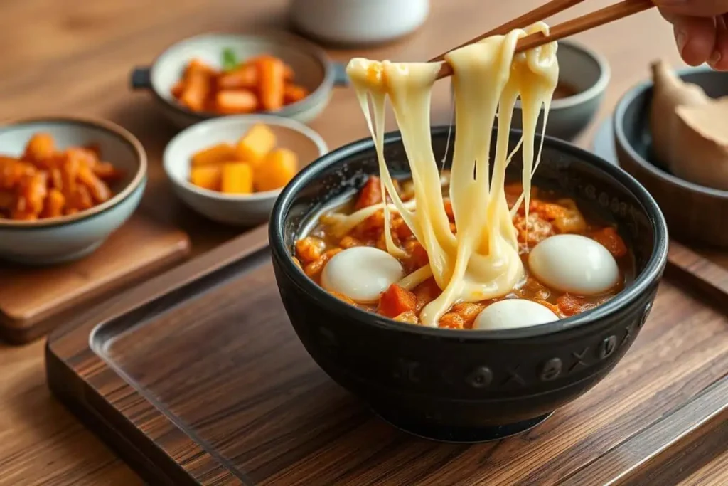 Cheesy tteokbokki with melty mozzarella and side dishes