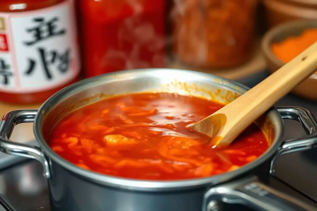 Spicy Korean tteokbokki sauce simmering in a pot