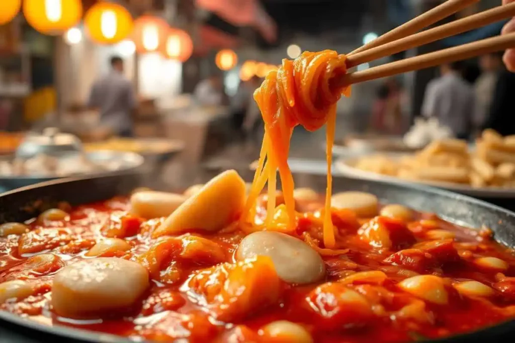 Spicy Korean tteokbokki with fish cakes in a pan, ready to eat