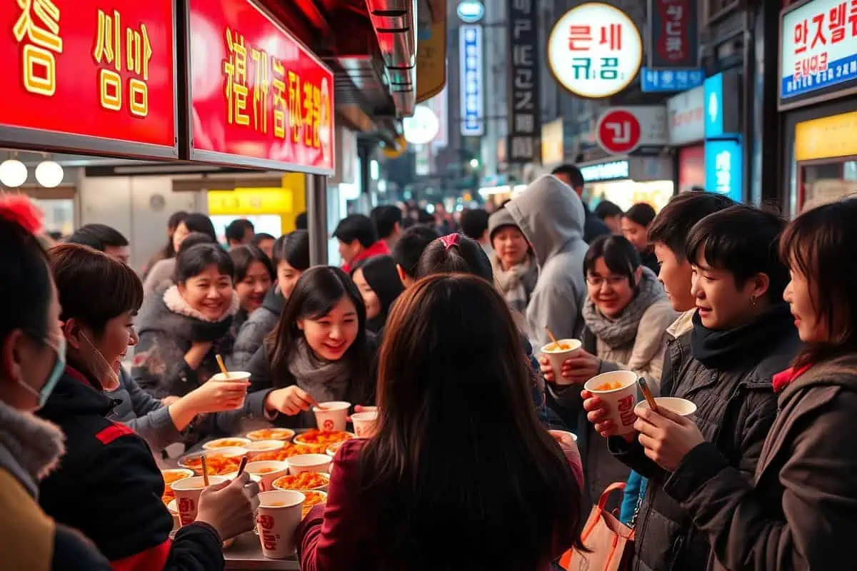 Bustling Korean street food scene with people enjoying spicy tteokbokki (rice cakes) at a night market stall in Seoul