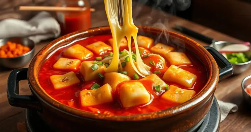 Authentic Korean tteokbokki (spicy rice cakes) in stone pot with cheese pull