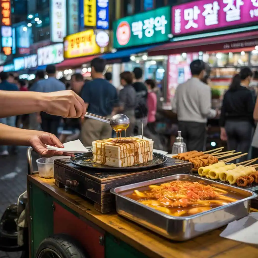 Korean street food market at night, hotteok and tteokbokki, Seoul night market scene