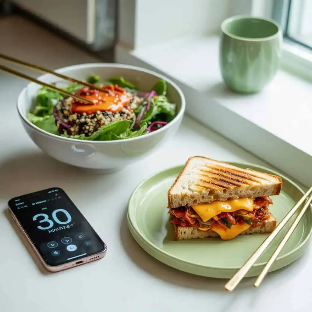 Easy Korean fusion recipes, bibimbap salad, kimchi grilled cheese, modern Korean cooking