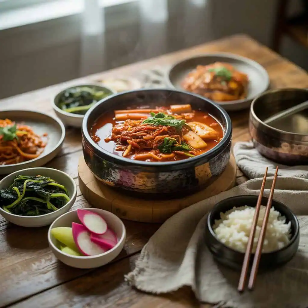 Korean homestyle meal, kimchi jjigae and banchan, traditional family dinner setup