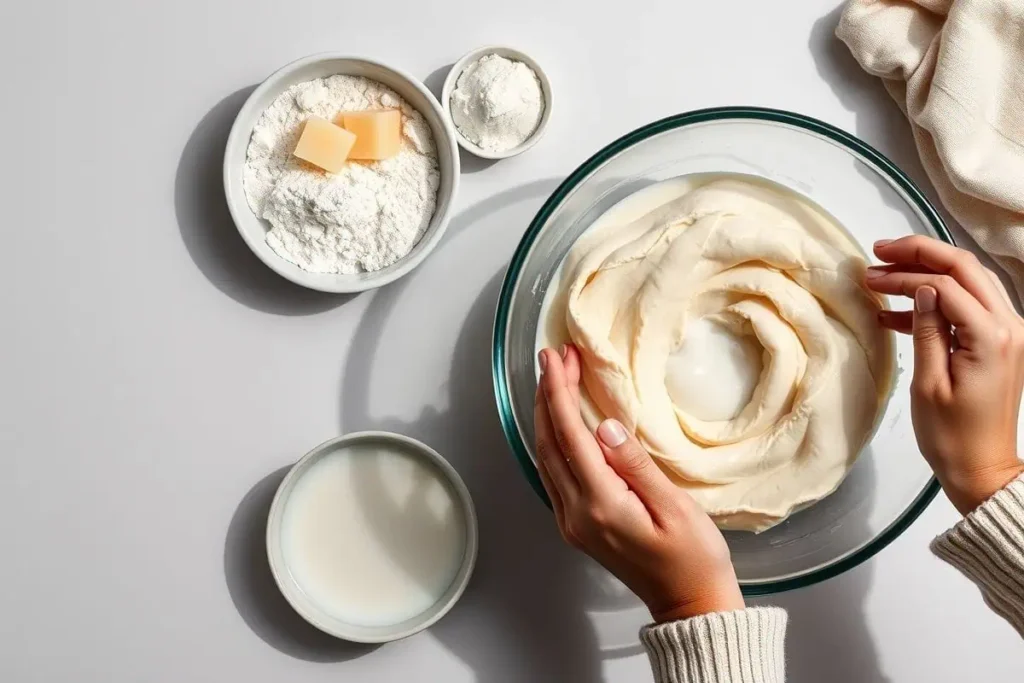 Mixing Hotteok dough ingredients in a bowl for Korean sweet pancakes