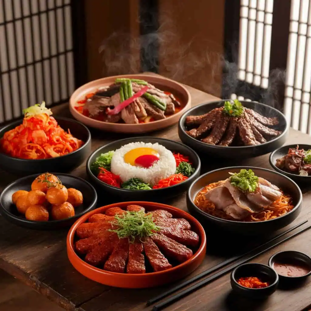 a table with plates of Korean food