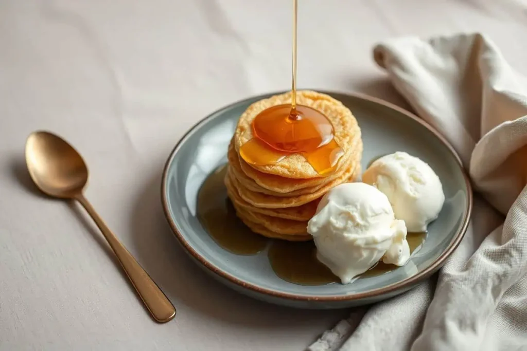 Stack of Hotteok pancakes served with ice cream, Korean dessert presentation