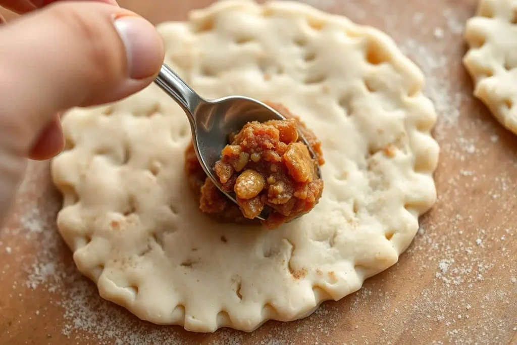 Stuffing Hotteok with cinnamon-sugar filling before sealing