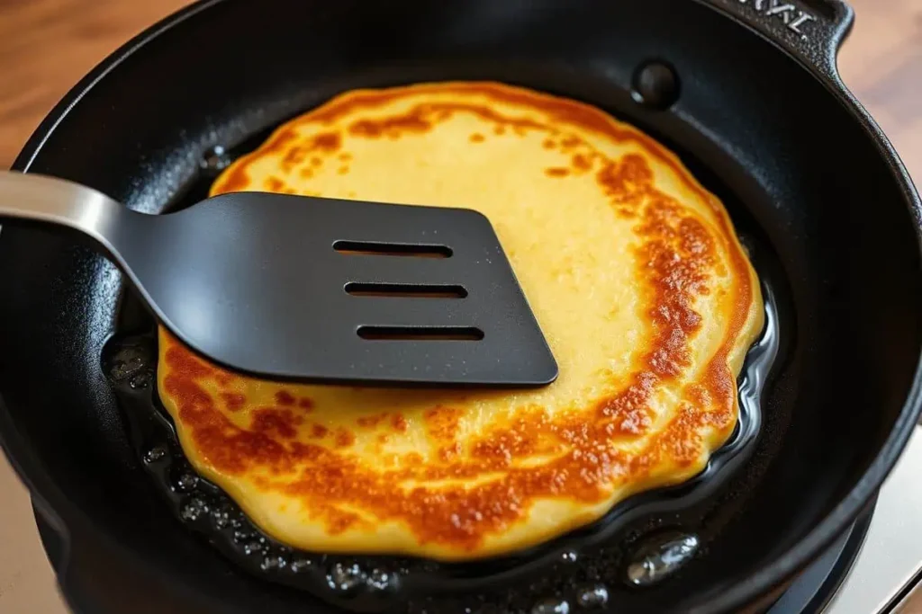 Frying Hotteok in a pan until golden and crispy